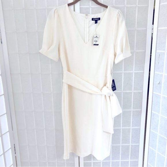 Express  Puff Sleeve Tie Waist Sheath Dress in White / Ivory size Small - new - Picture 1 of 10